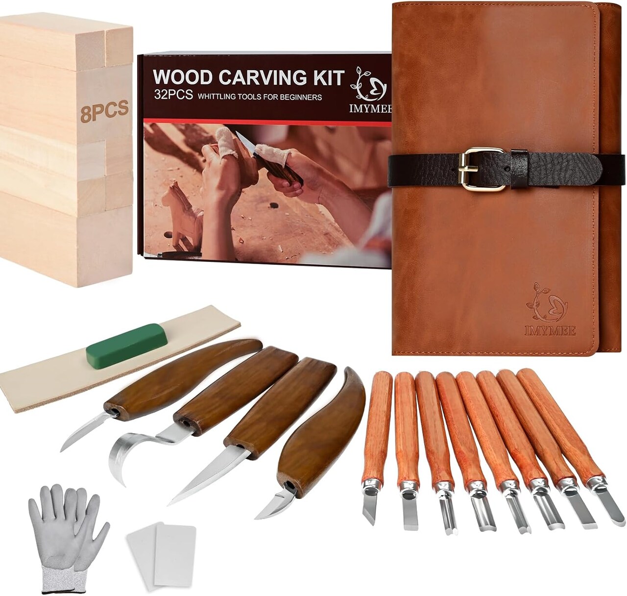 Deluxe Wood Carving Kit with Leather Case,Wood Carving Tools Set with Wood Carving Knife,Detail Knives,Basswood Blocks,Gloves,Strop Block,Polishing Compound for Whittling Kit Hobbies for Adults